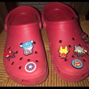 Crocs Red with Superhero Jibbitz.